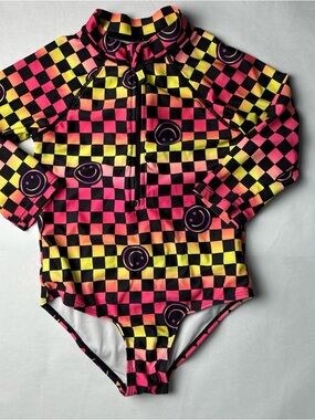 Limited Too Kids One-piece Rashguard 6x Pink Yellow Black Retro Check Smile S/M